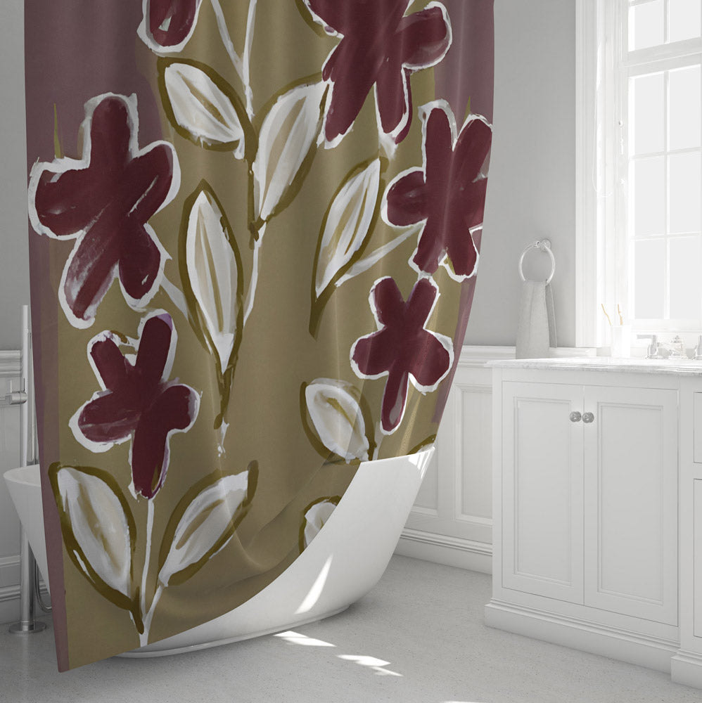Floral Shower Curtain - Beige and Burgundy Painted Print - Deja Blue Studios