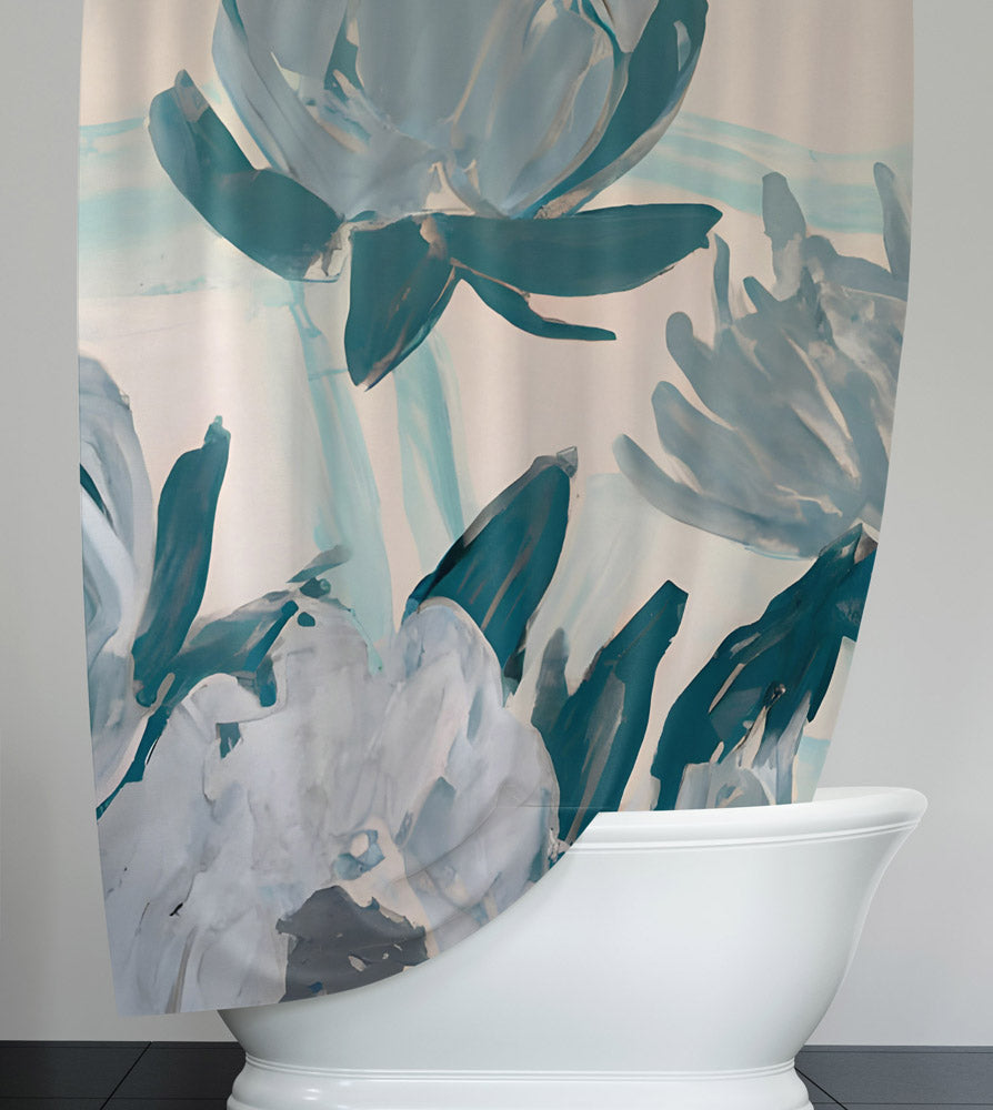 Floral Shower Curtain - Abstract Blue Waterlily Print - Deja Blue Studios