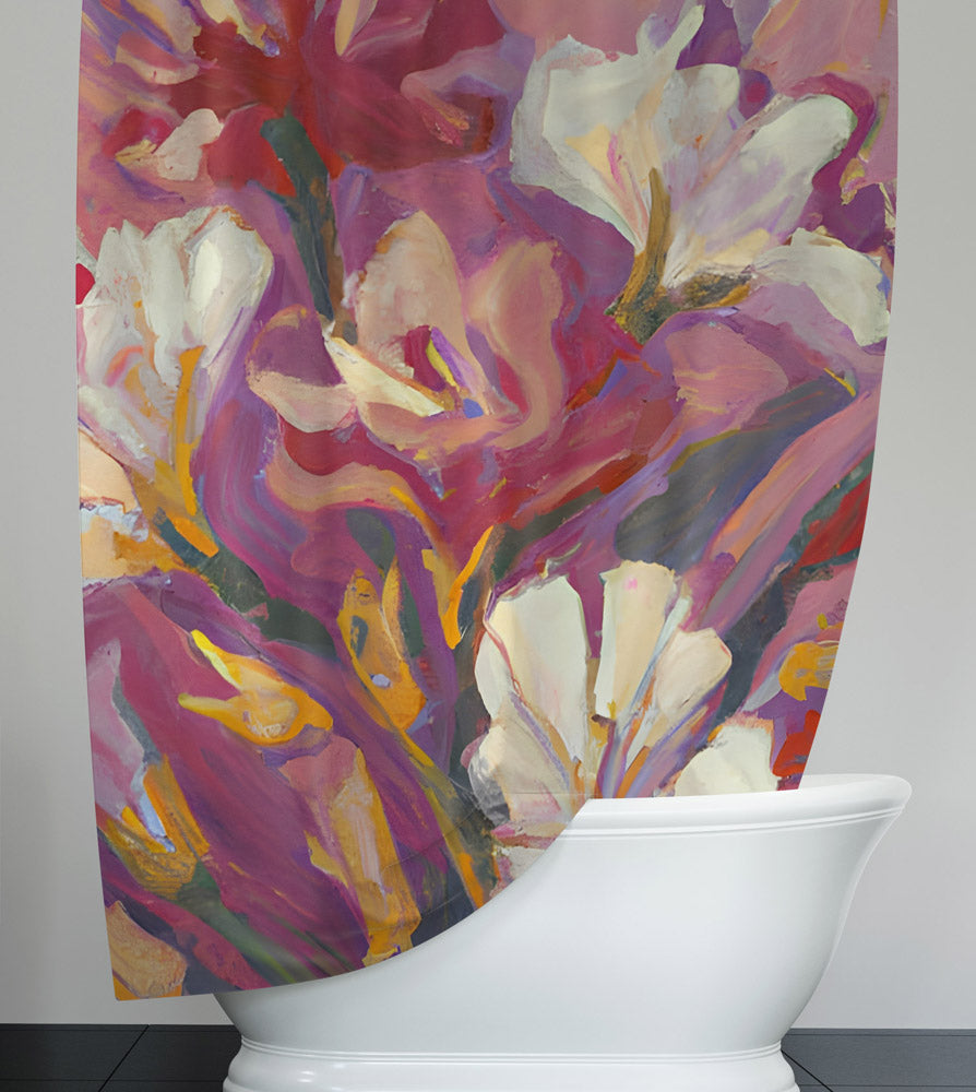 Floral Shower Curtain - Pink and White Painted Flower Print - Deja Blue Studios