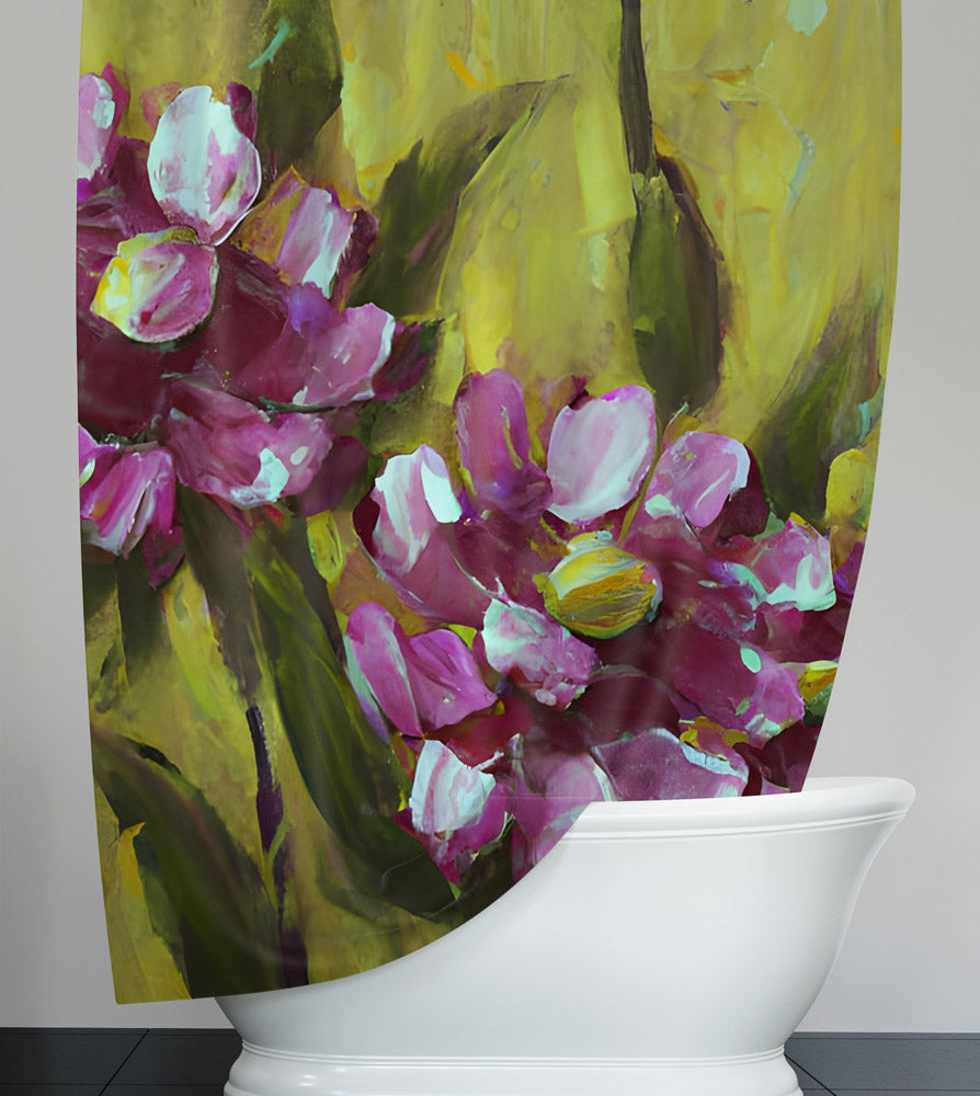 Floral Shower Curtain - Green and Purple Contemporary Painted Print - Deja Blue Studios