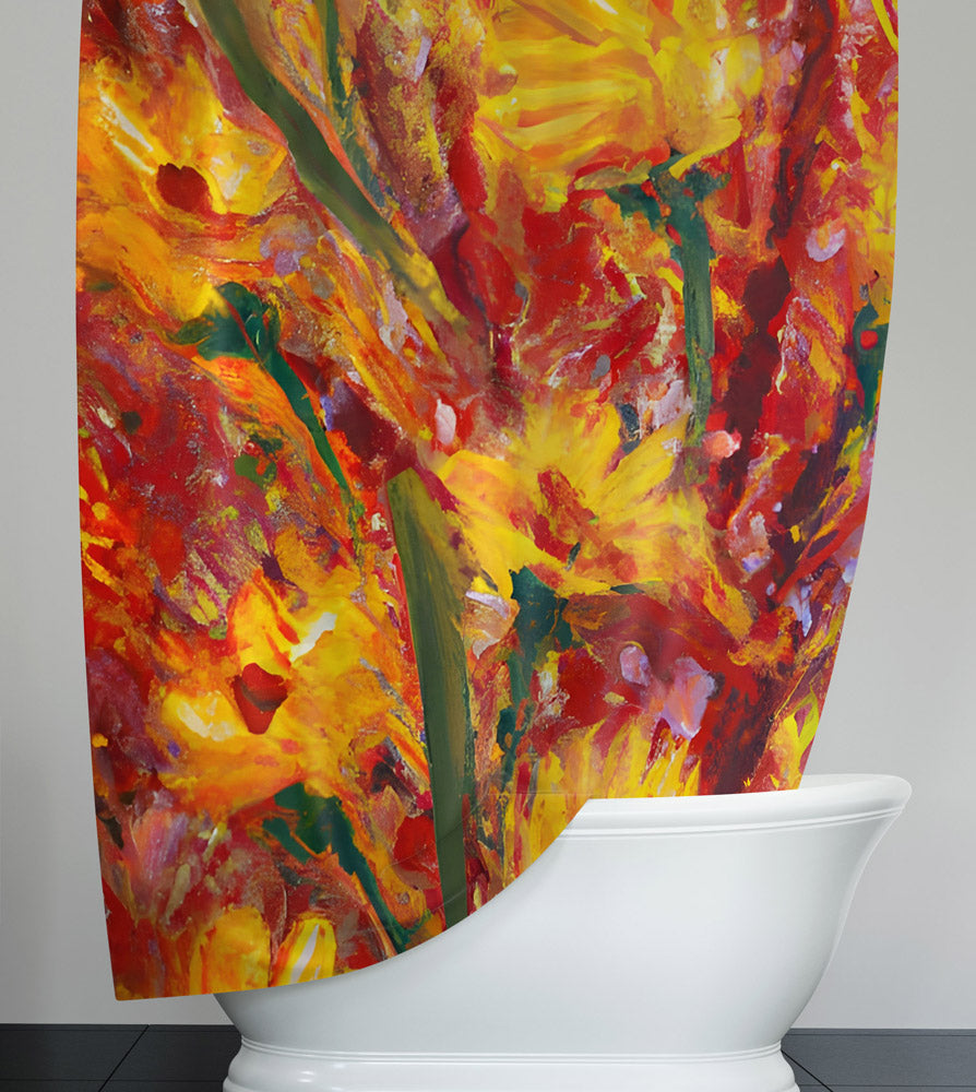 Floral Shower Curtain - Bohemian Fire Red and Yellow Print - Deja Blue Studios