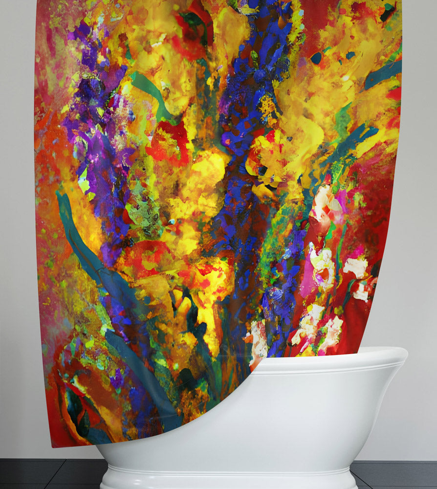 Abstract Shower Curtain - Yellow and Purple Painted Floral Print - Deja Blue Studios