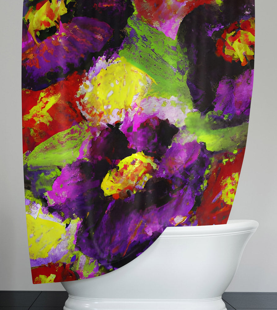 Abstract Shower Curtain - Purple and Green Painted Floral Print - Deja Blue Studios