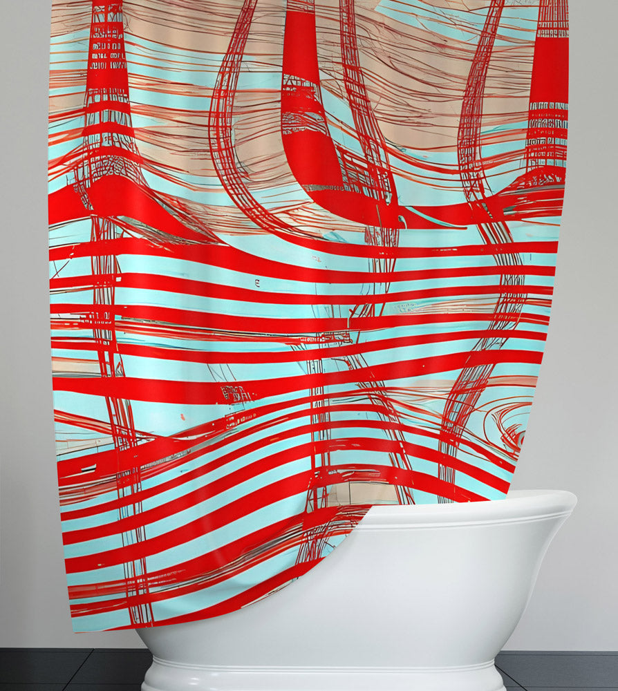 Abstract Shower Curtain - Red and White Abstract Lines - Deja Blue Studios