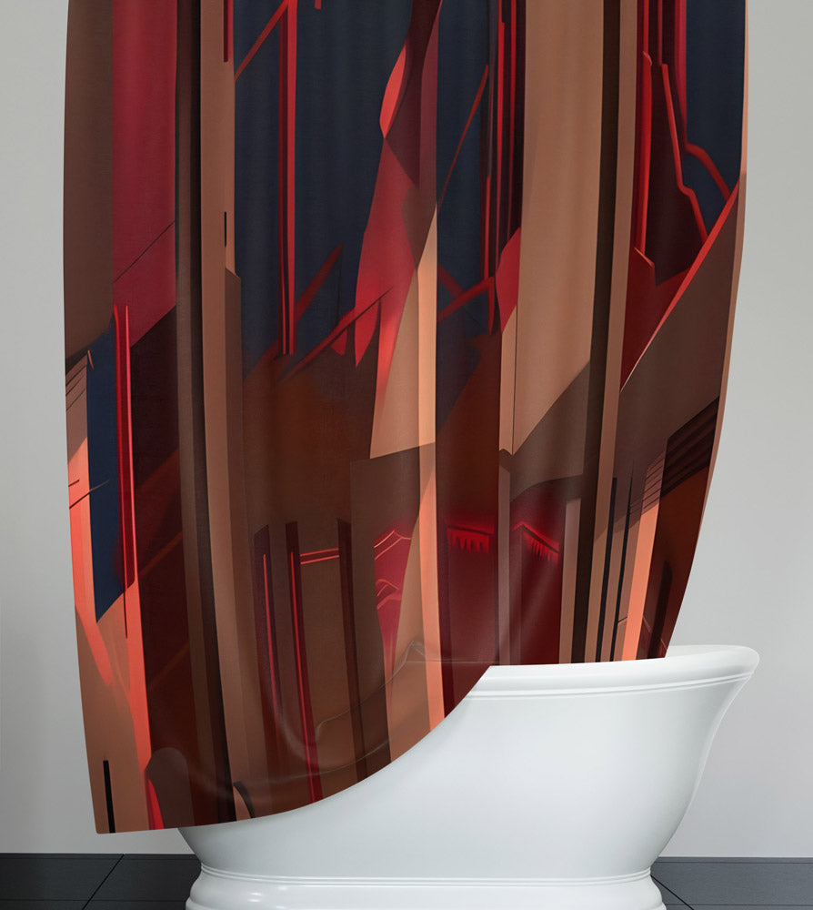 Abstract Shower Curtain - Red, Brown and Black Abstract Broken Stripes - Deja Blue Studios