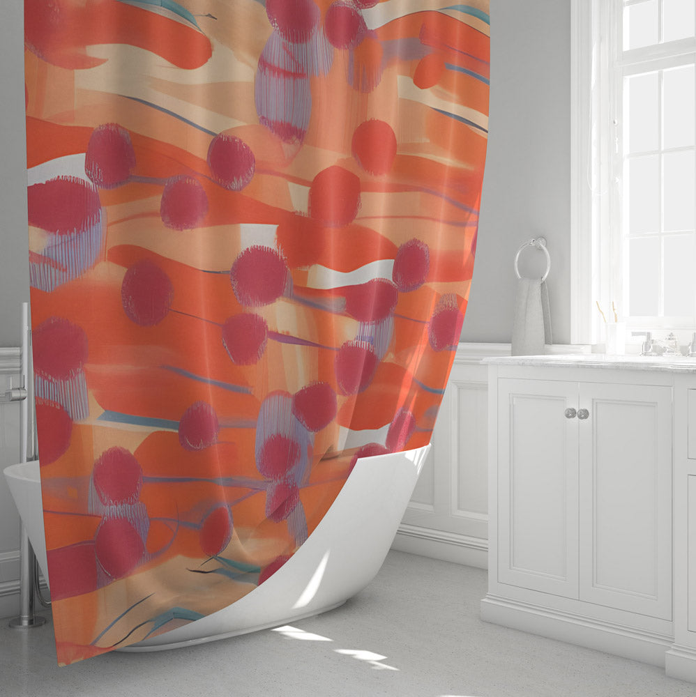 Whimsical Bohemian Shower Curtain - Abstract Red and Beige Swiped Stripes - Deja Blue Studios