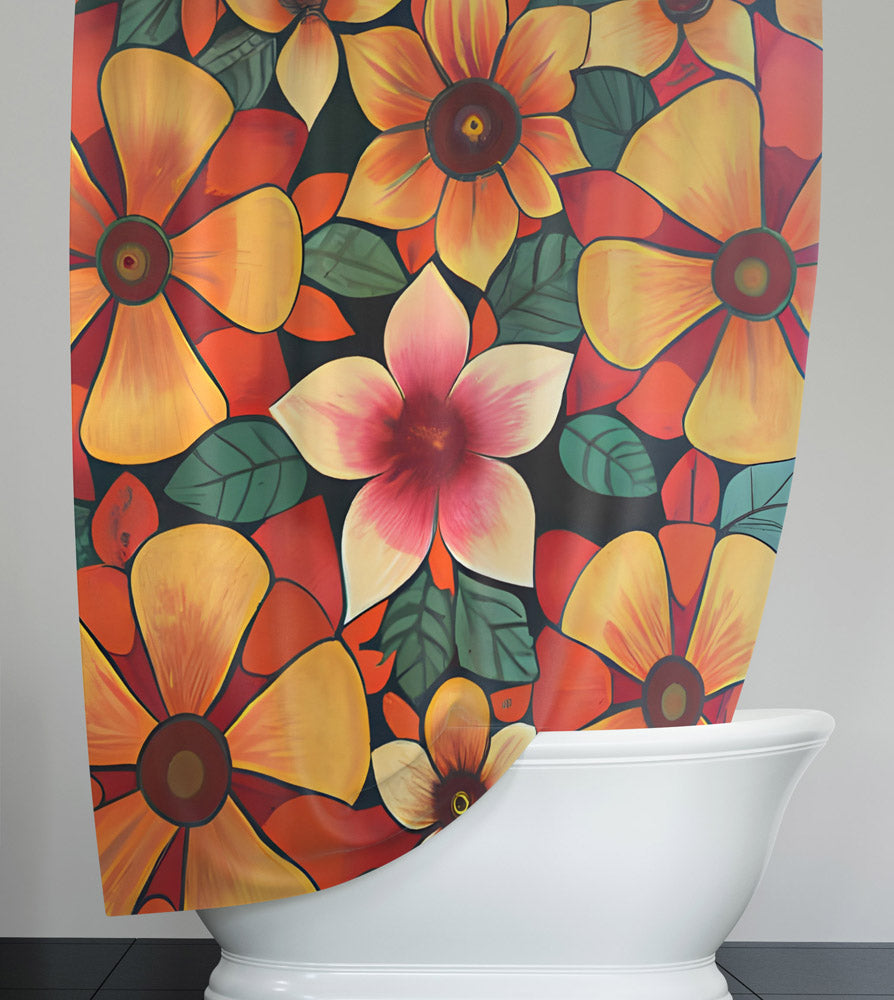 Floral Shower Curtain - Large Circle Flowers in Red Tone - Deja Blue Studios