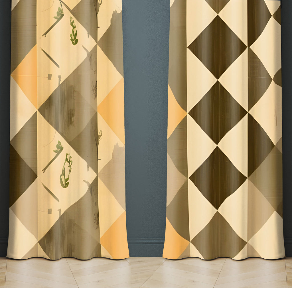 Country Cottage Window Curtains - Yellow, Brown and Beige Chic Pattern - Deja Blue Studios