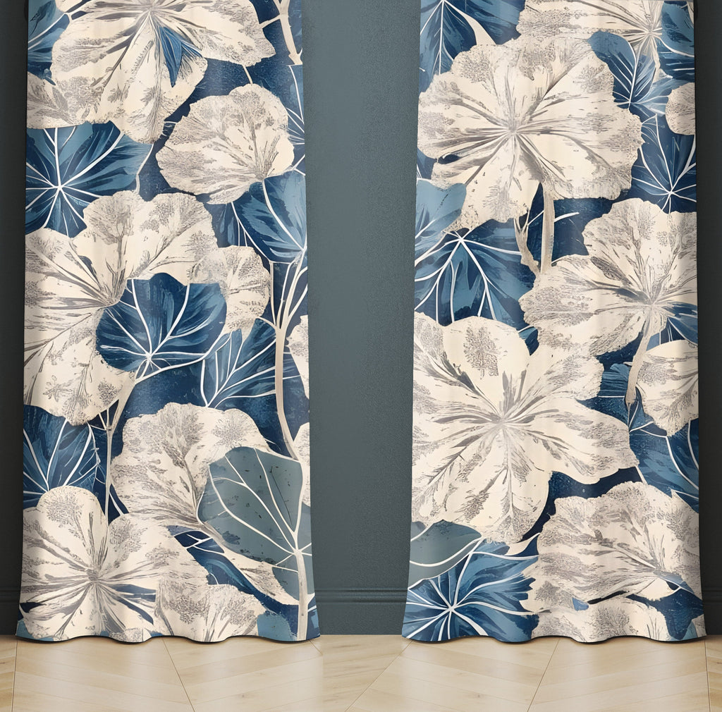 Country Cottage Window Curtains - Large Blue and Beige Leaf Floral Pattern - Deja Blue Studios
