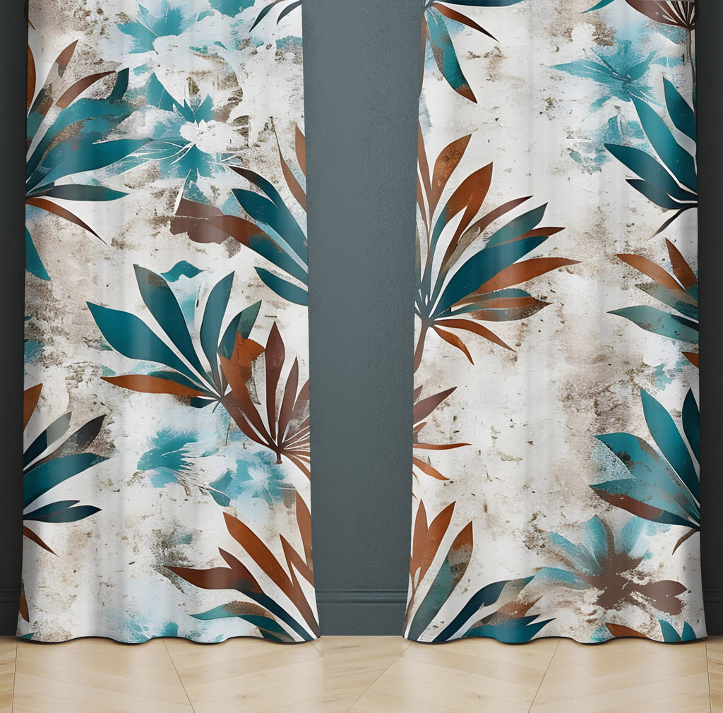 Floral Leaf Window Curtains - Red and Blue Cottage Style Print - Deja Blue Studios