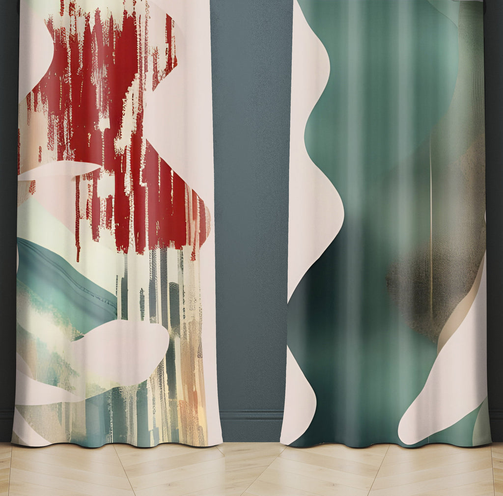 Abstract Window Curtains - Green and Red Floral Swirl - Deja Blue Studios
