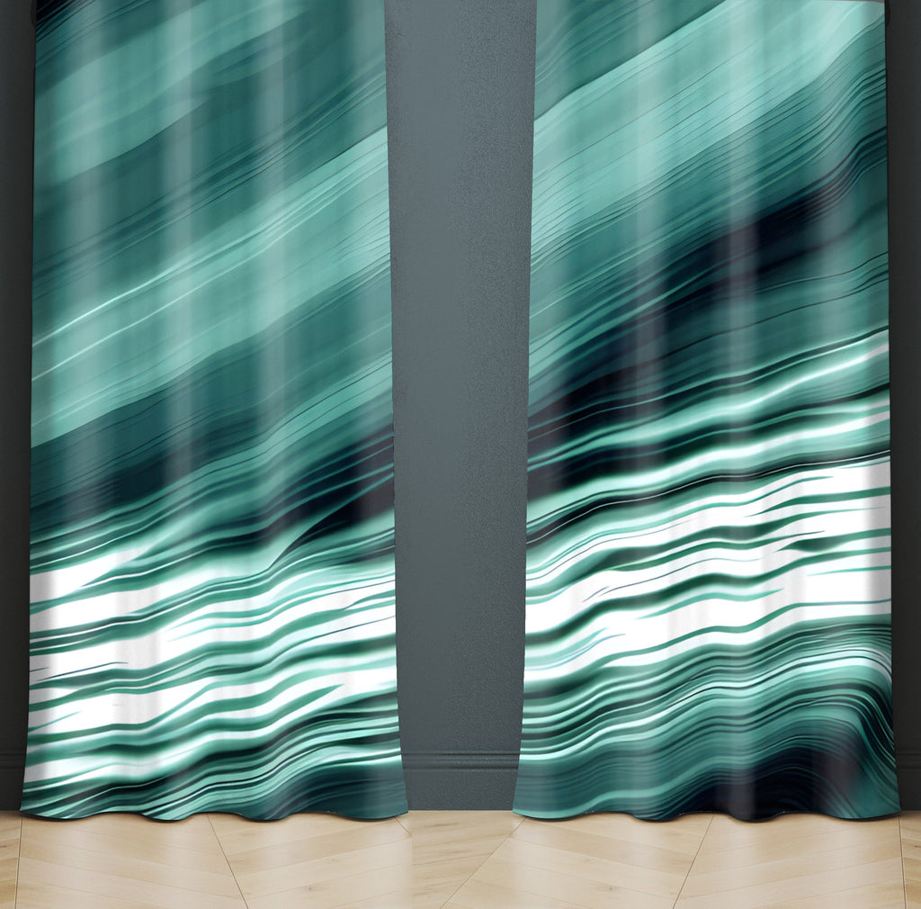 Striped Abstract Window Curtain - Green and White Ocean Wave - Deja Blue Studios