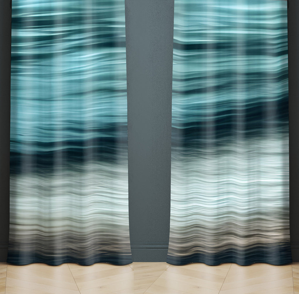Striped Abstract Window Curtain - Blue and Tan Ocean Wave - Deja Blue Studios