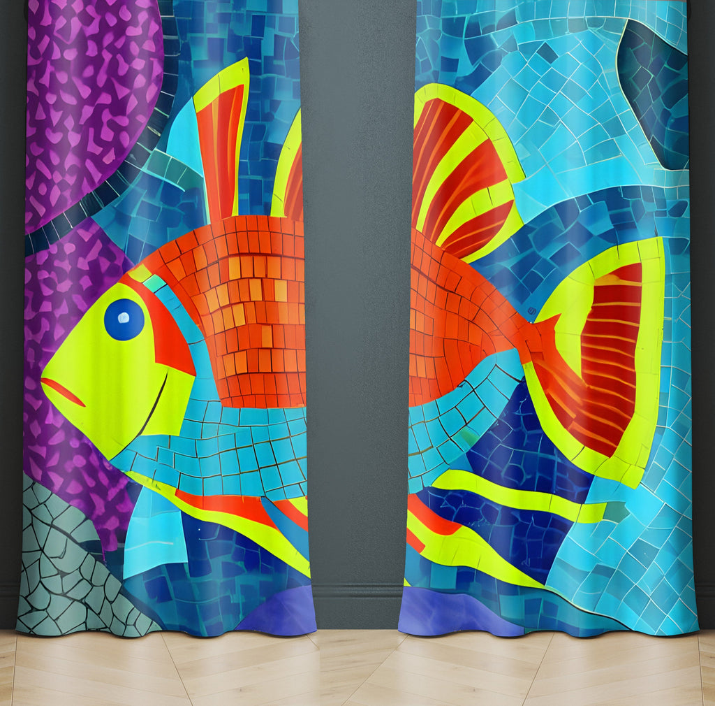 Abstract Fish Window Curtain - Mosaic Ocean Fish - Deja Blue Studios
