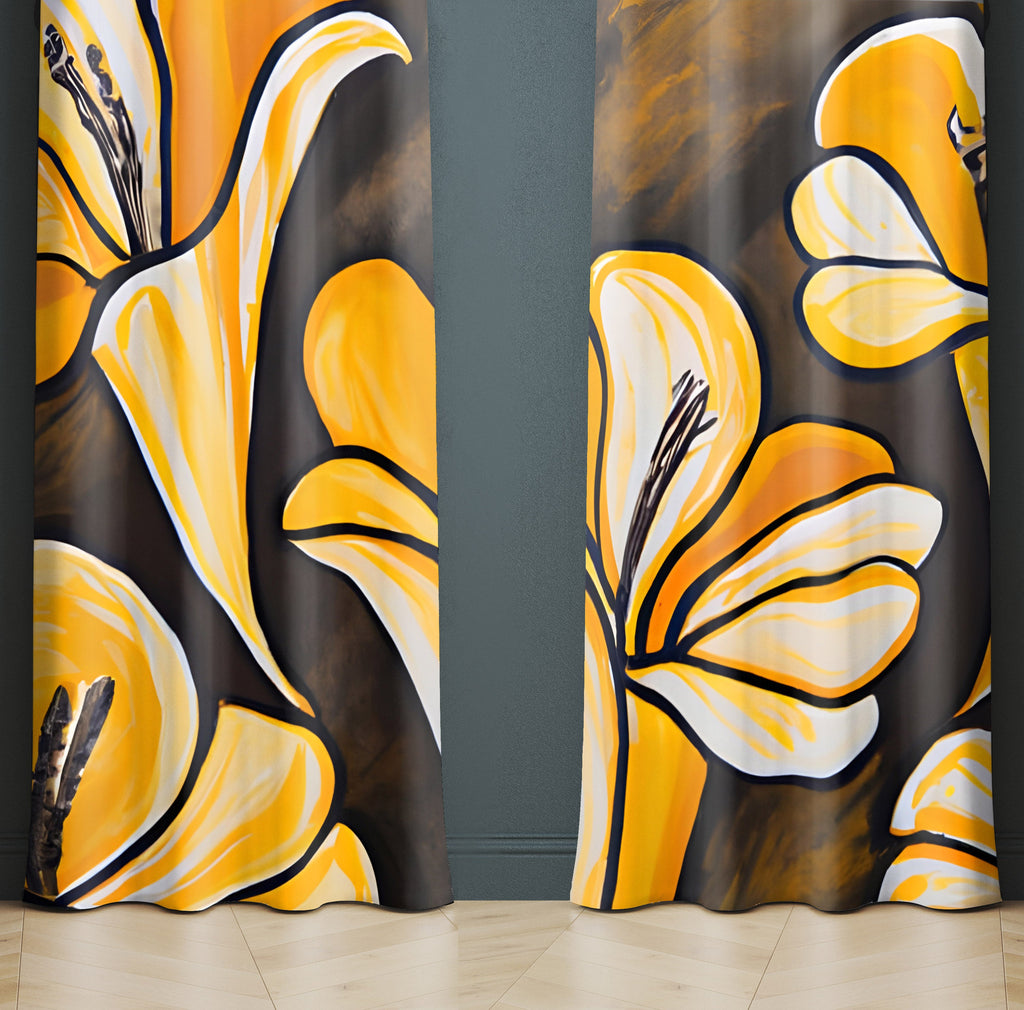 Floral Window Curtain - Yellow and Gray Lilies - Deja Blue Studios