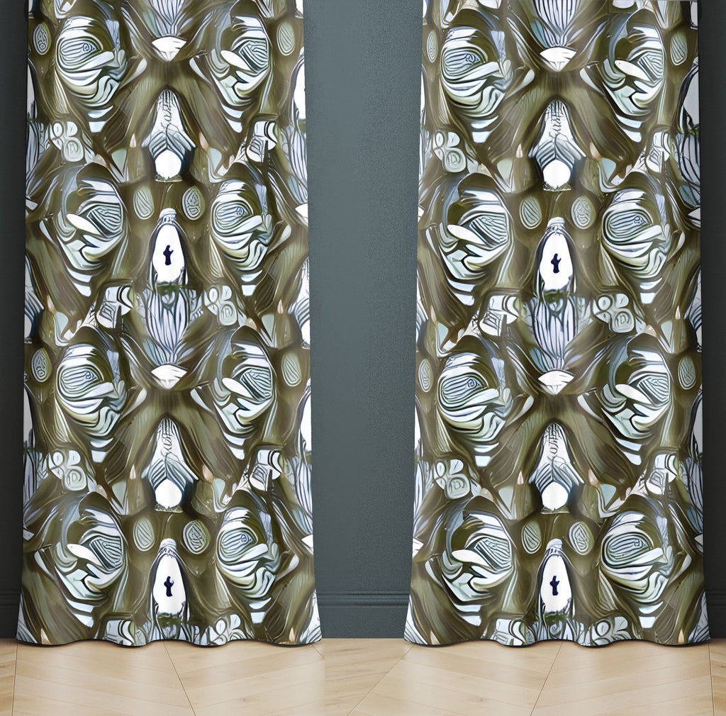 Abstract Pattern Window Curtain - Green and Gray Kaleidoscope - Deja Blue Studios