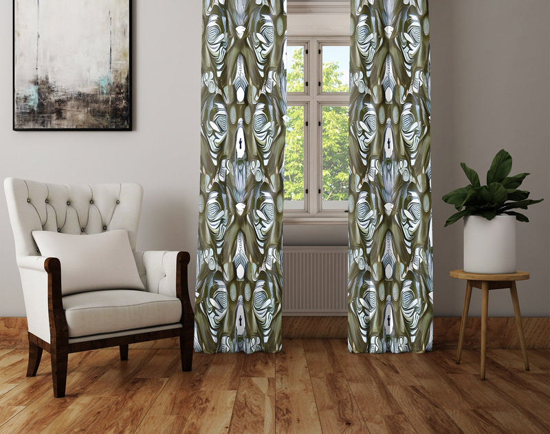 Abstract Pattern Window Curtain - Green and Gray Kaleidoscope - Deja Blue Studios