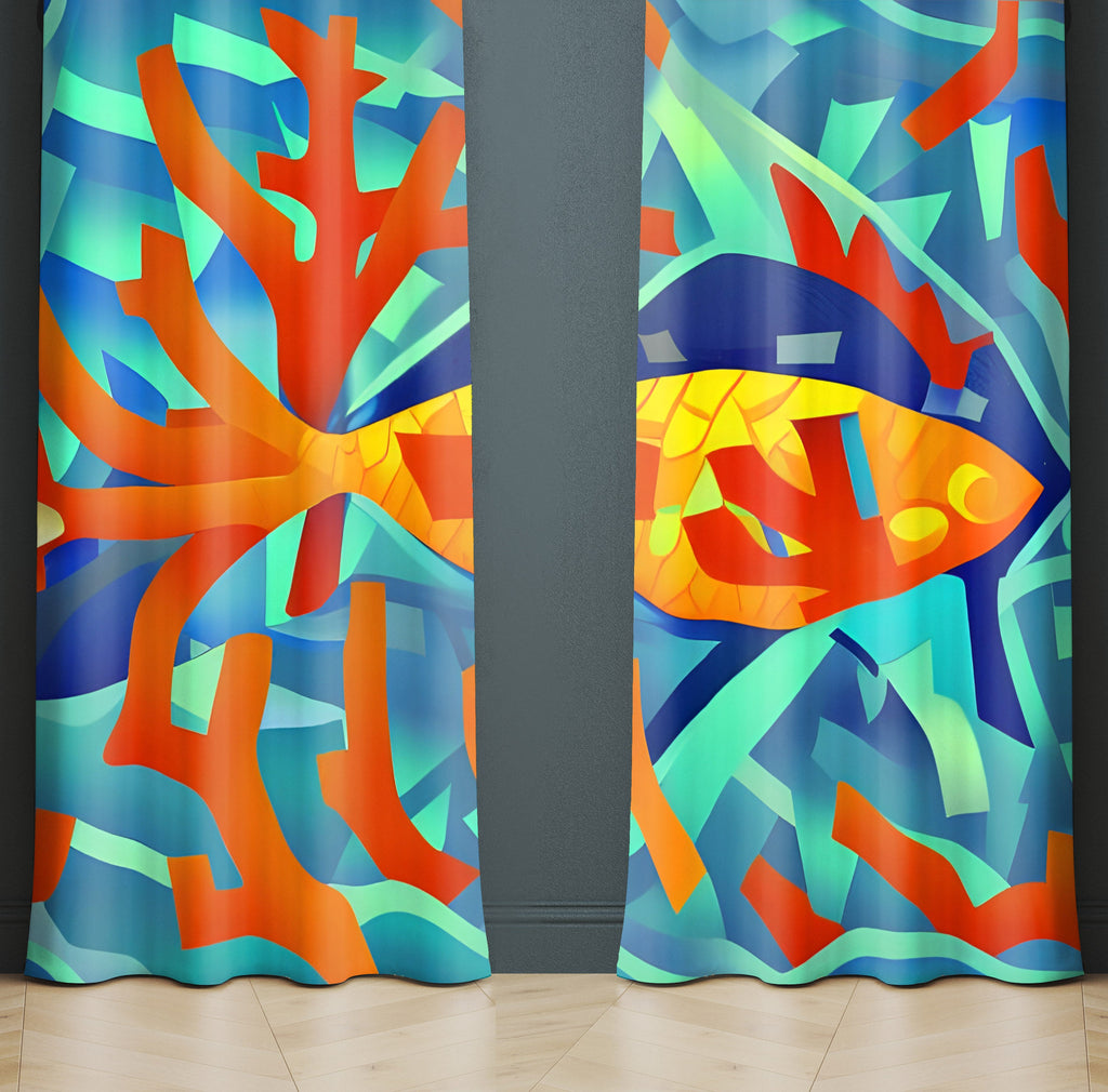 Nautical Window Curtain - Abstract Mosaic Fish and Coral - Deja Blue Studios