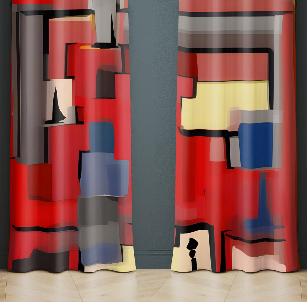 Abstract Window Curtain - Red and Blue Mid Century Modern Style - Deja Blue Studios