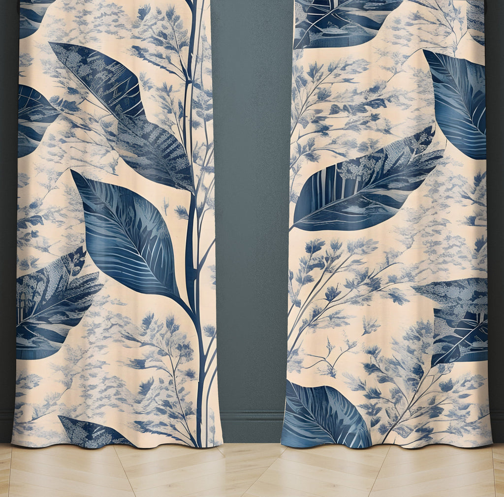 Floral Window Curtain - Blue and White Babys Breath Leaf Pattern - Deja Blue Studios