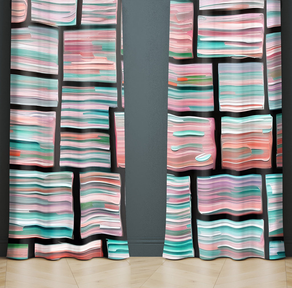 Abstract Window Curtains - Pink and Blue Blocks Pattern - Deja Blue Studios