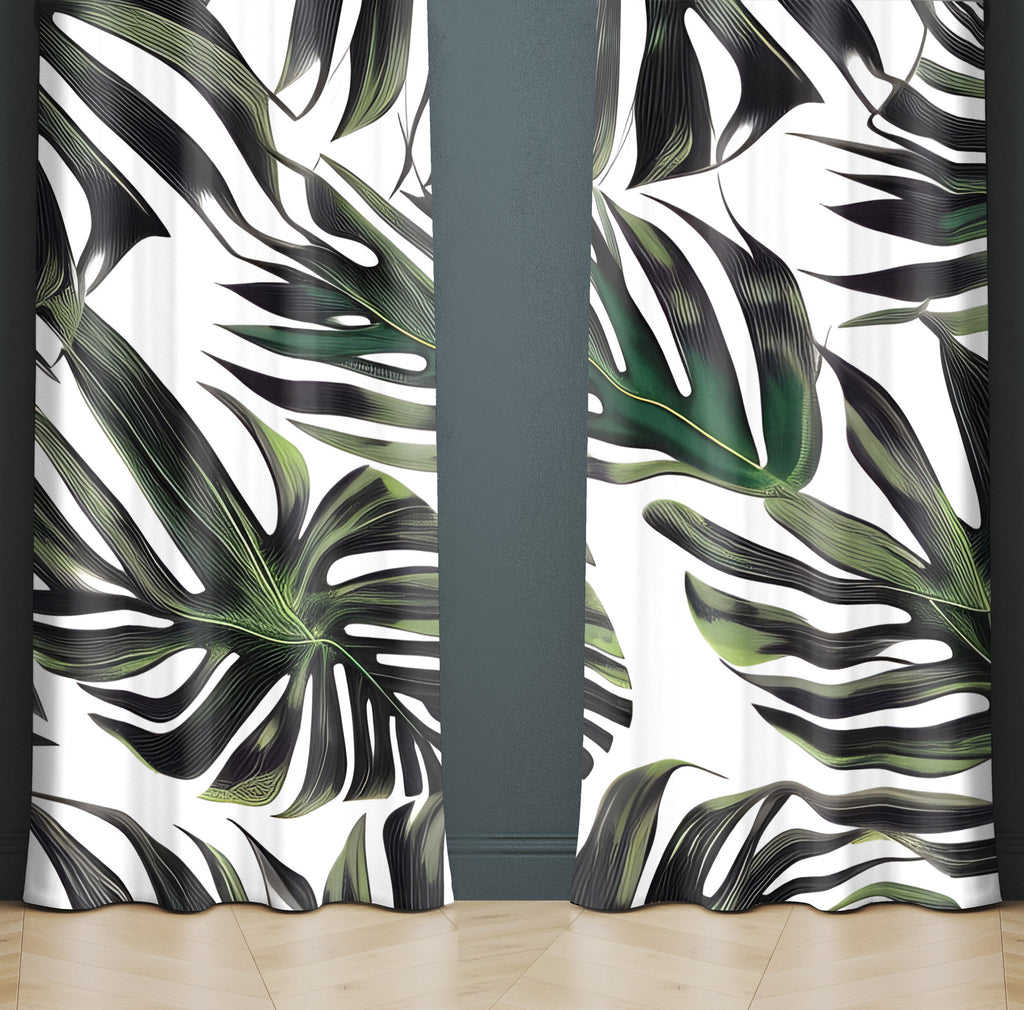 Monstera Window Curtains - Green and White Abstract Style Broad Leaf - Deja Blue Studios
