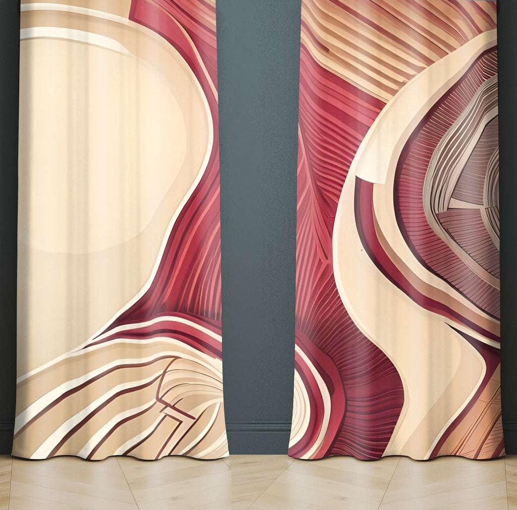 Abstract Window Curtains - Red and Beige Art Deco Style Shapes - Deja Blue Studios