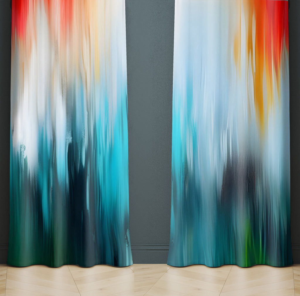 Abstract Ombre Window Curtains - Blue, White and Red Weathered Style Design - Deja Blue Studios