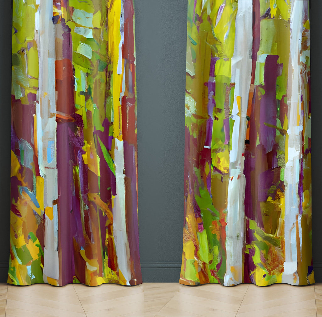 Abstract Stripes Window Curtains - Rustic Abstract Green and Yellow Forest Print - Deja Blue Studios