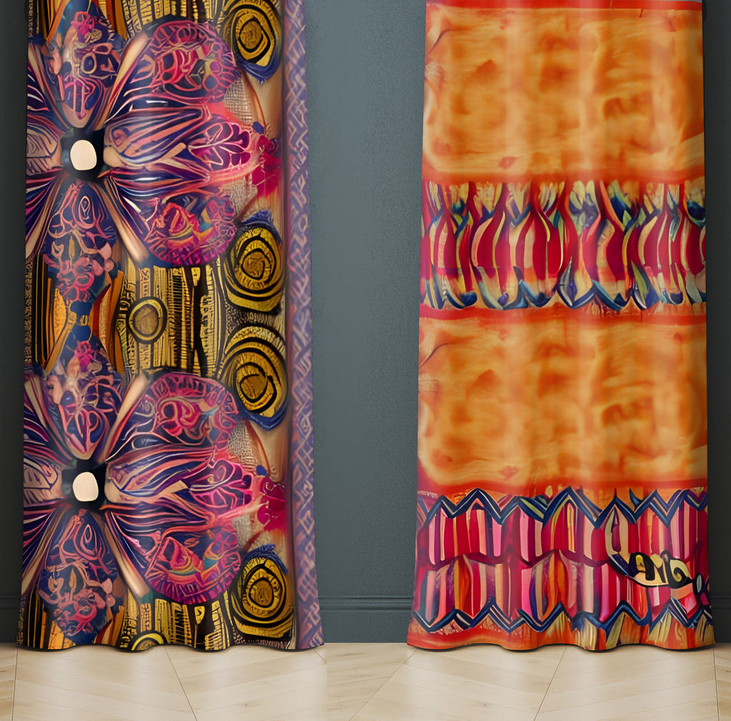 Bohemian Rags Window Curtains - Abstract Lighthearted Print in Purple, Burgundy and Orange - Deja Blue Studios