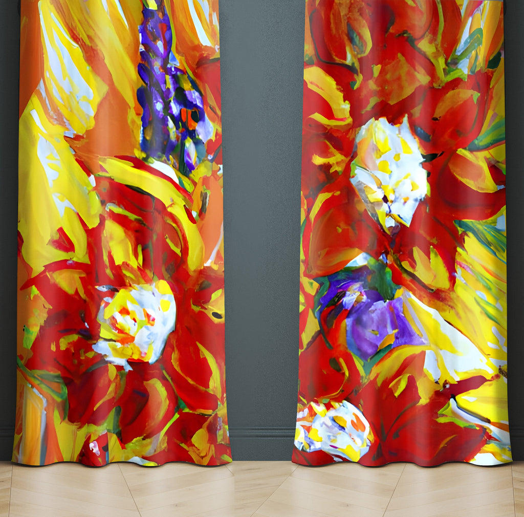 Floral Window Curtains - Bold Red and Yellow Impressionist Style Print - Deja Blue Studios
