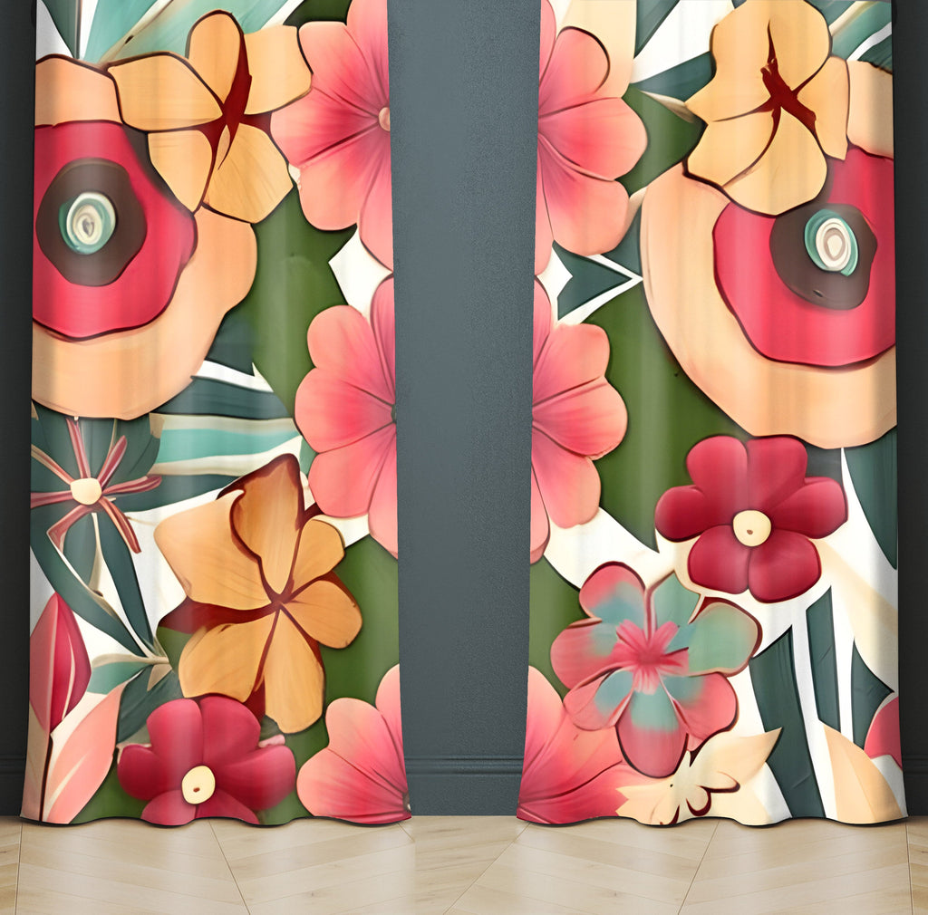 Floral Window Curtains - Chic Fun Pink and Yellow Print - Deja Blue Studios