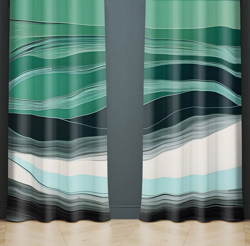 Abstract Window Curtains - Teal and White Layered Color Design - Deja Blue Studios