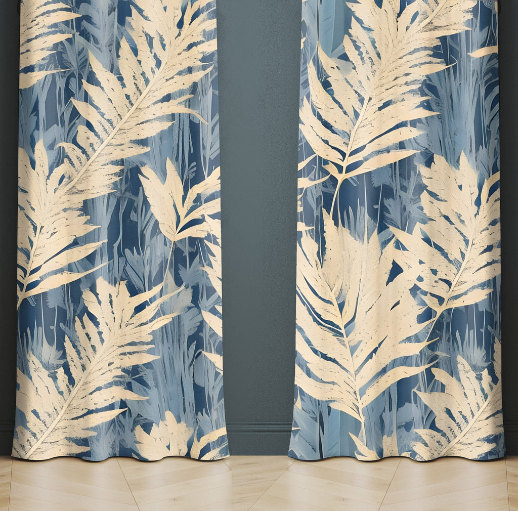 Country Chic Window Curtains - Blue and Beige Wheat Style Print - Deja Blue Studios