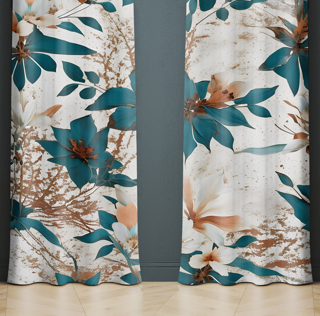Floral Window Curtains - Blue and White Elegant Floral Print - Deja Blue Studios