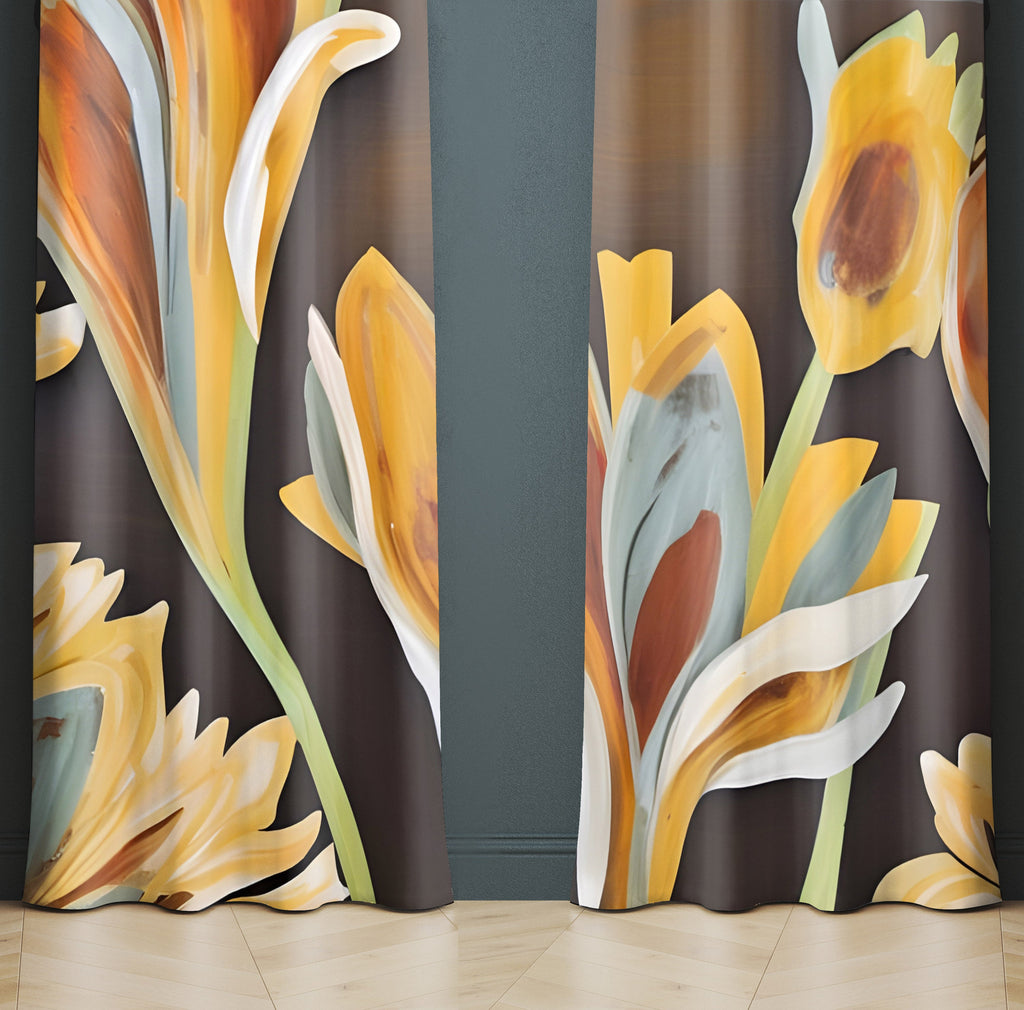 Floral Window Curtains - Brown, Yellow and Blue Thick Paint Style Print - Deja Blue Studios