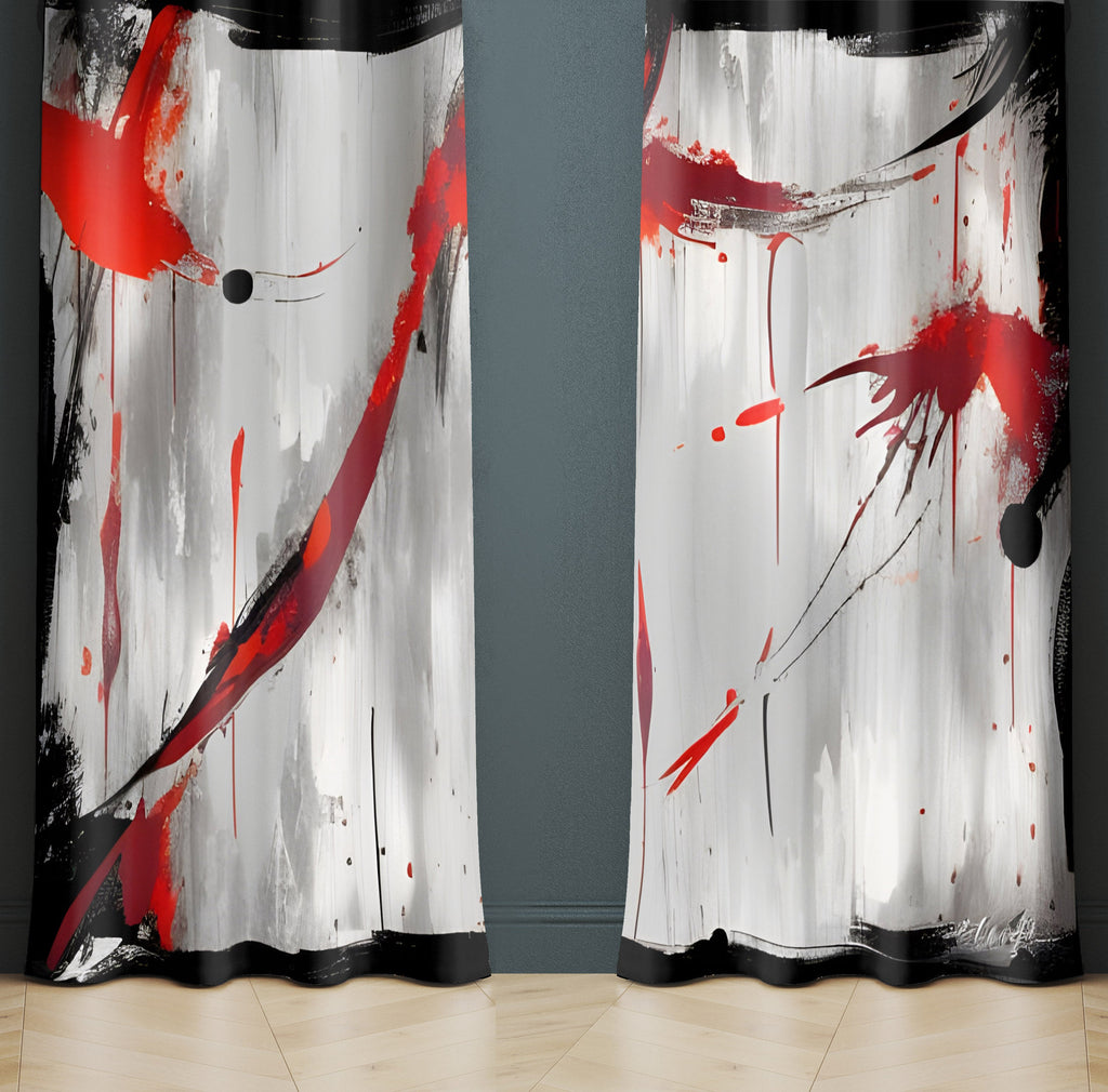 Abstract Window Curtains - Red, Black and Gray Grunge Style Design - Deja Blue Studios