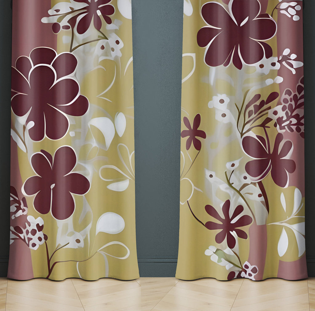 Floral Window Curtains - Burgundy and Gray Whimsical Painted Flowers Print - Deja Blue Studios