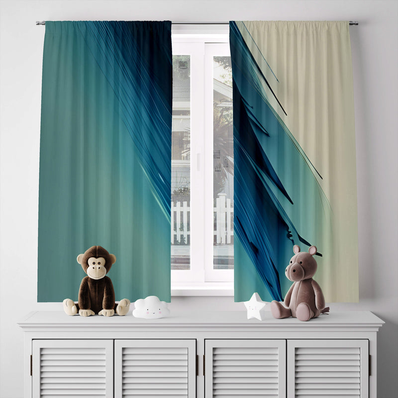 Abstract Ombre Window Curtains - Blue and Beige Split Tone Print - Deja Blue Studios