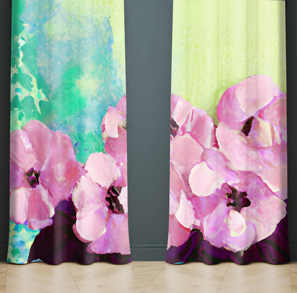 Floral Window Curtains - Pink, Yellow and Turquoise Painted Style Print - Deja Blue Studios