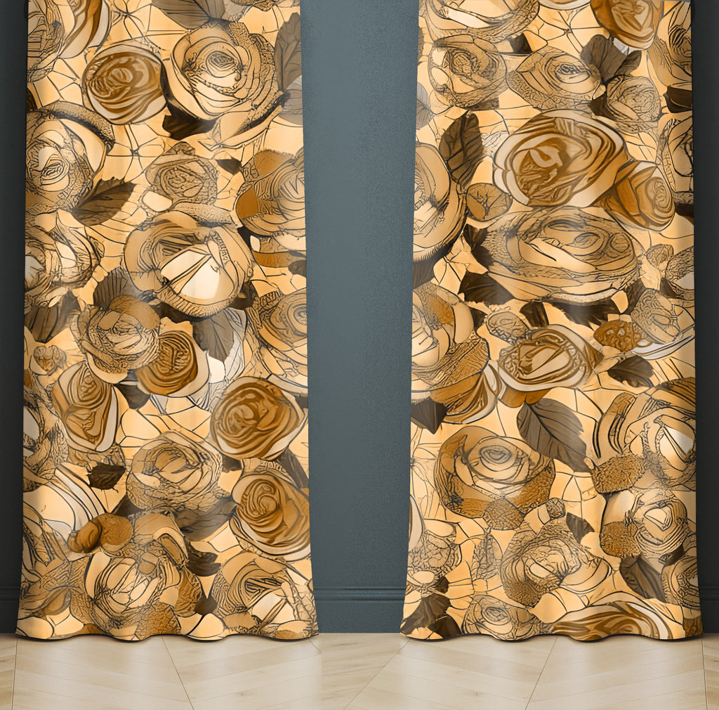 Floral Window Curtain - Golden Brown Rose Pattern Print - Deja Blue Studios