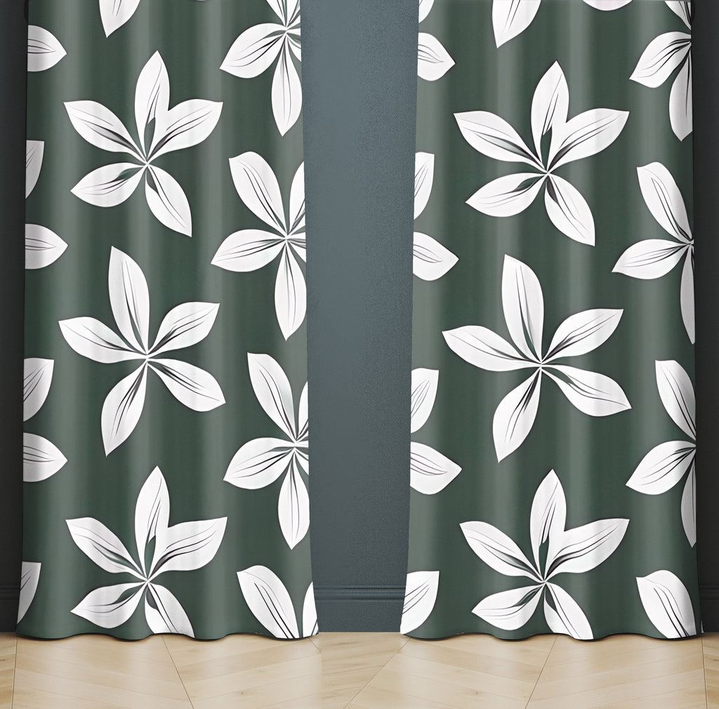 Floral Window Curtains - Green and White Chic Flower Print - Deja Blue Studios