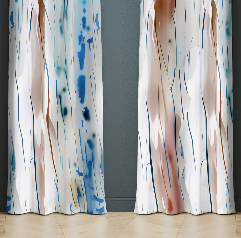 Abstract Window Curtains - Blue, Red and White Watercolor Style Print - Deja Blue Studios