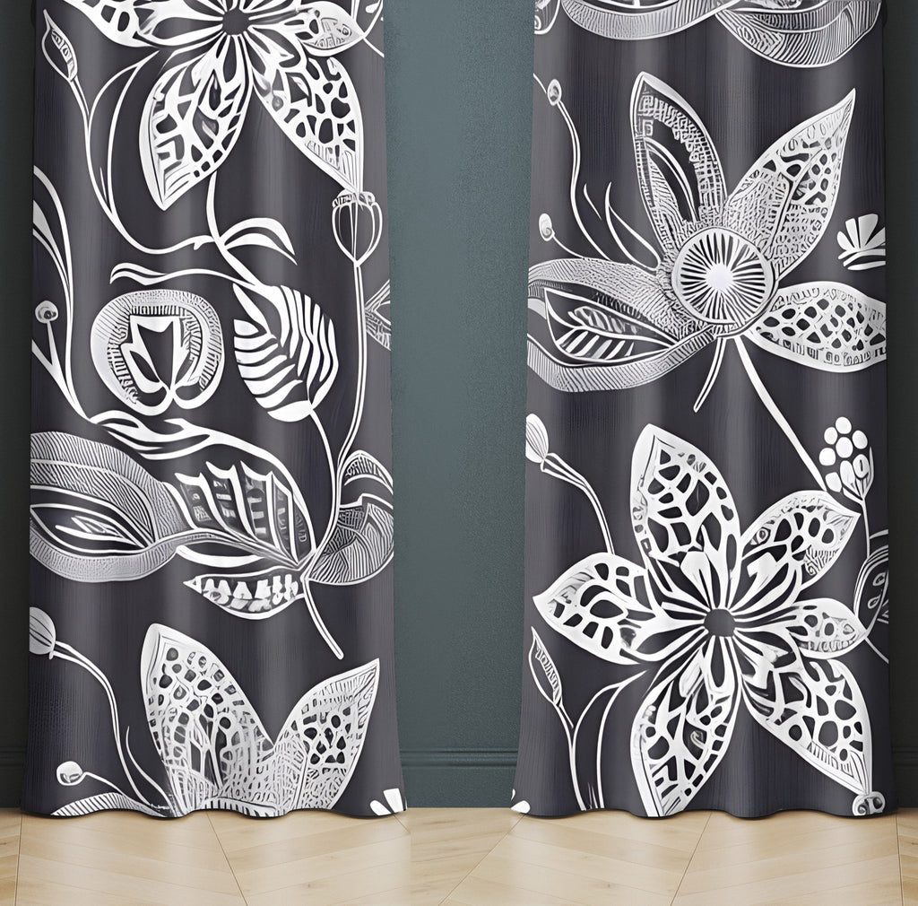 Floral Window Curtains - Dark Gray and White Bold Print - Deja Blue Studios