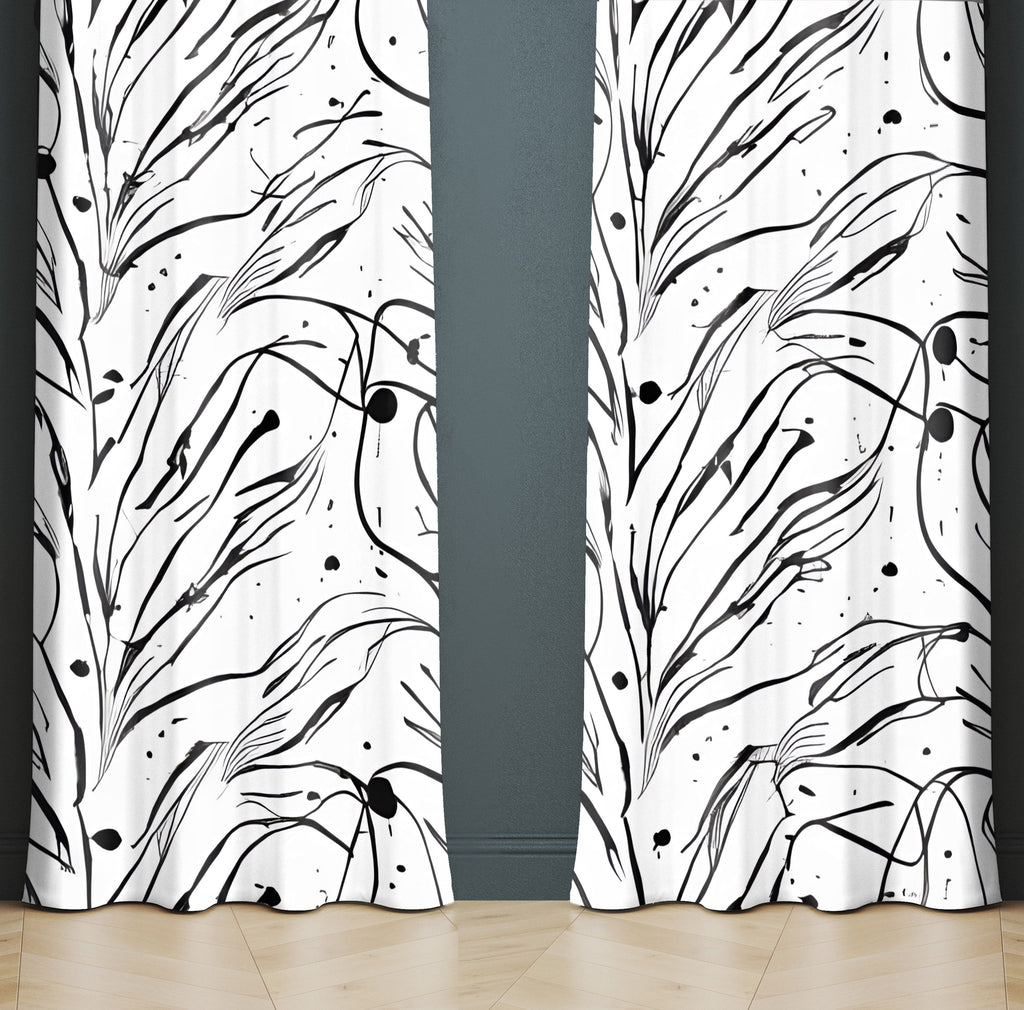 Line Art Window Curtains - Black and White Drizzle Style Vertical Leaf Pattern - Deja Blue Studios