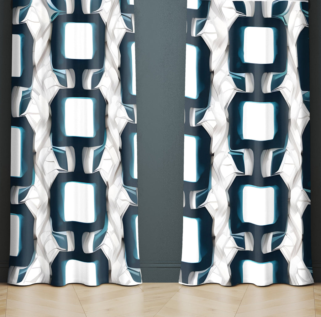 Abstract Window Curtains - Black, White and Blue Squares and Rectangles Print - Deja Blue Studios