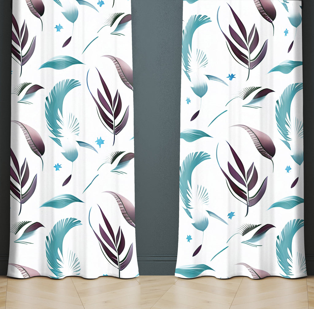 Chic Window Curtains - Maroon and Blue Feather Print - Deja Blue Studios
