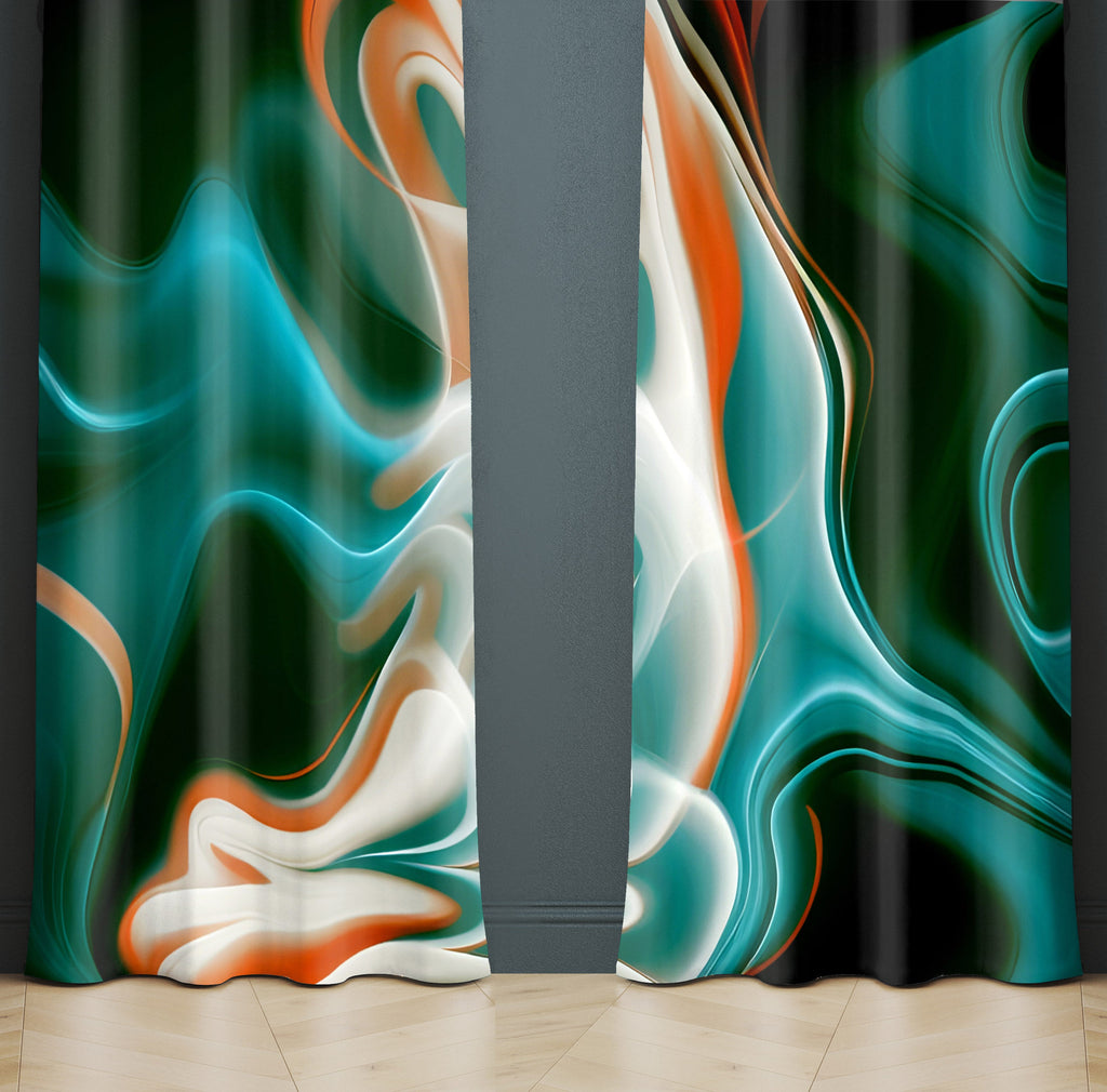 Abstract Smoke Window Curtains - Turquoise and Teal Abstract Smoke Print - Deja Blue Studios