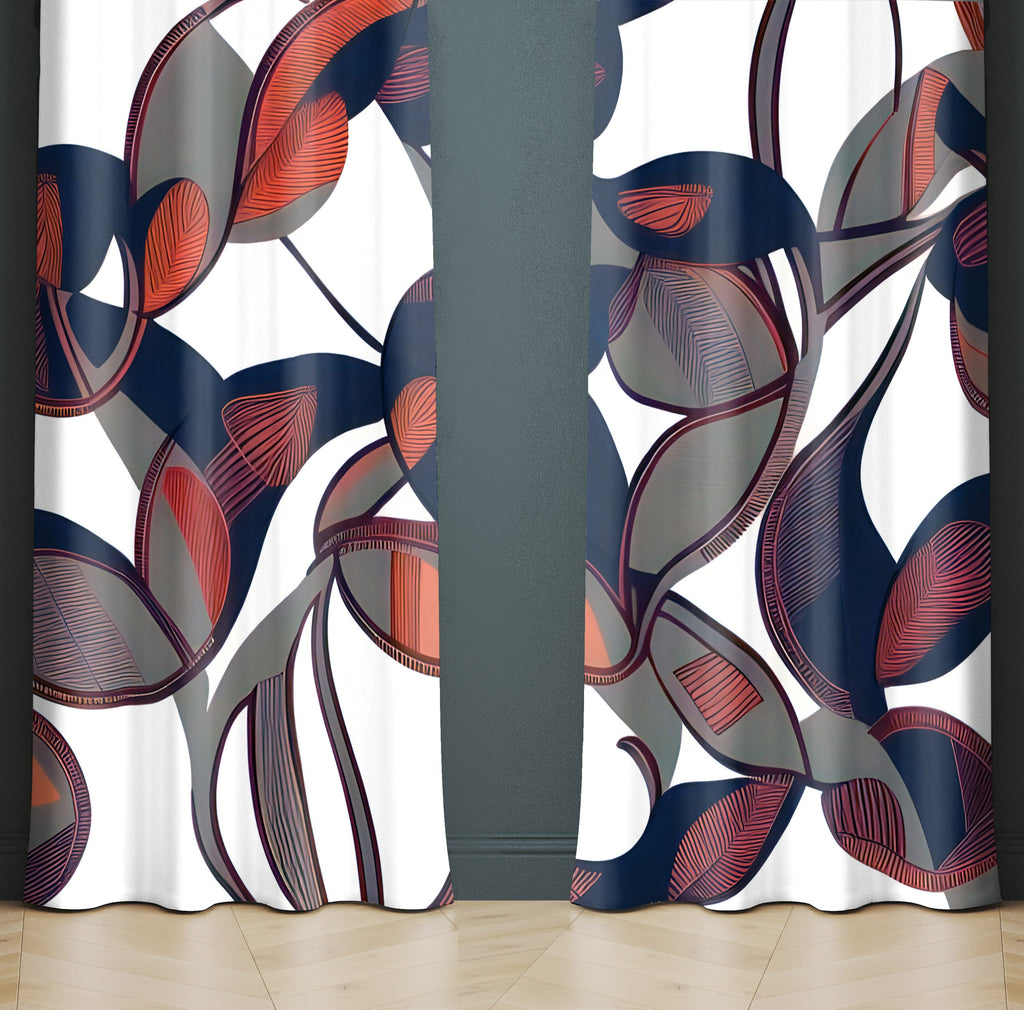 Abstract Floral Window Curtains - White with Gray and Deep Purple Abstract Flowers Print - Deja Blue Studios