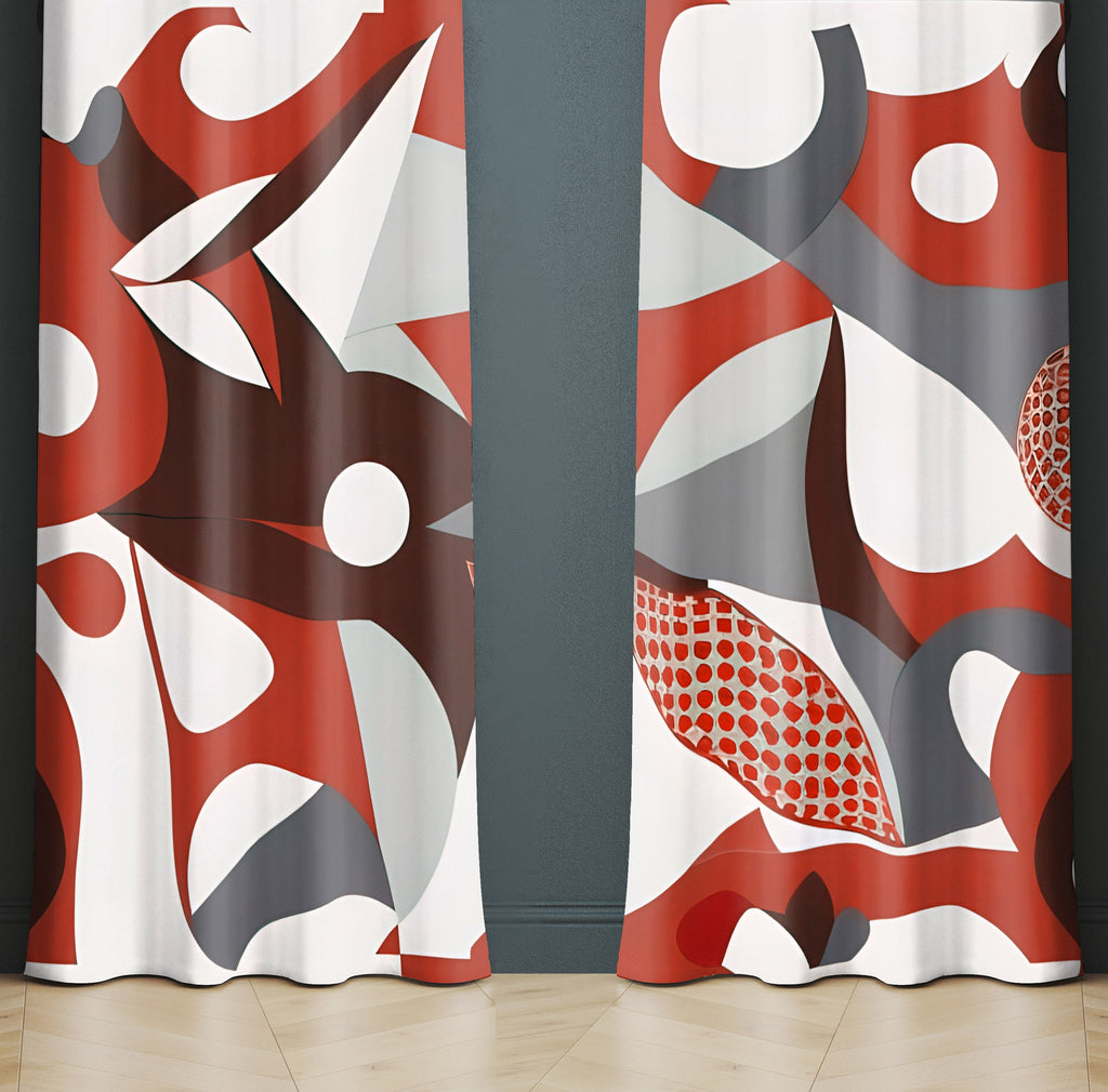Abstract Window Curtains - Red, White and Gray Picaso-Esque Style Print - Deja Blue Studios